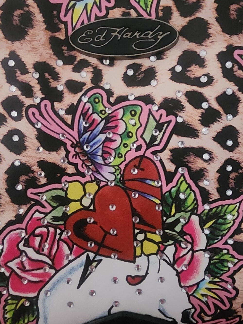 Ed Hardy Leopard Skull Floral Satchel - Black/Tan/Pink/Red - Picture 2 of 7
